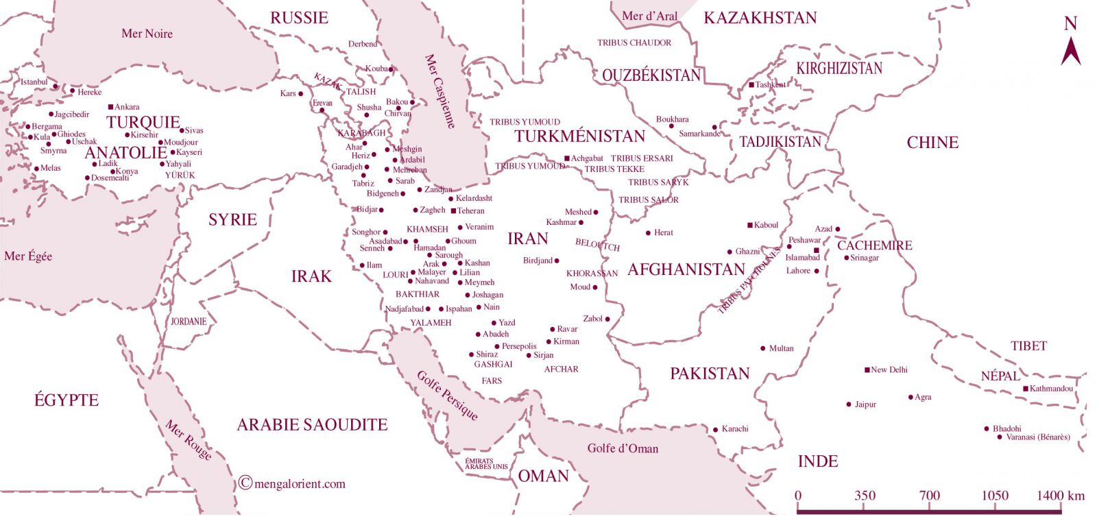 Carte des centres de production de tapis d'Orient